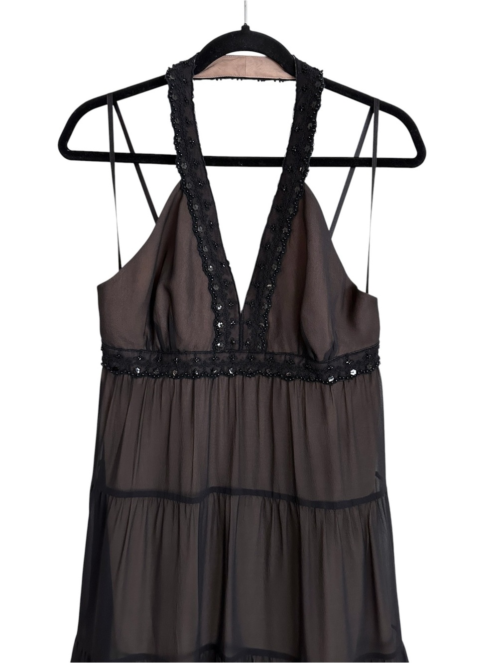 BCBG Paris Black Silk Beaded Halter Maxi Dress Tiered Y2K Evening Cocktail Sz 8‎ - Picture 4 of 14
